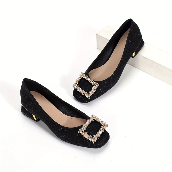 Black Glittery Fabric Square-Toe Pumps